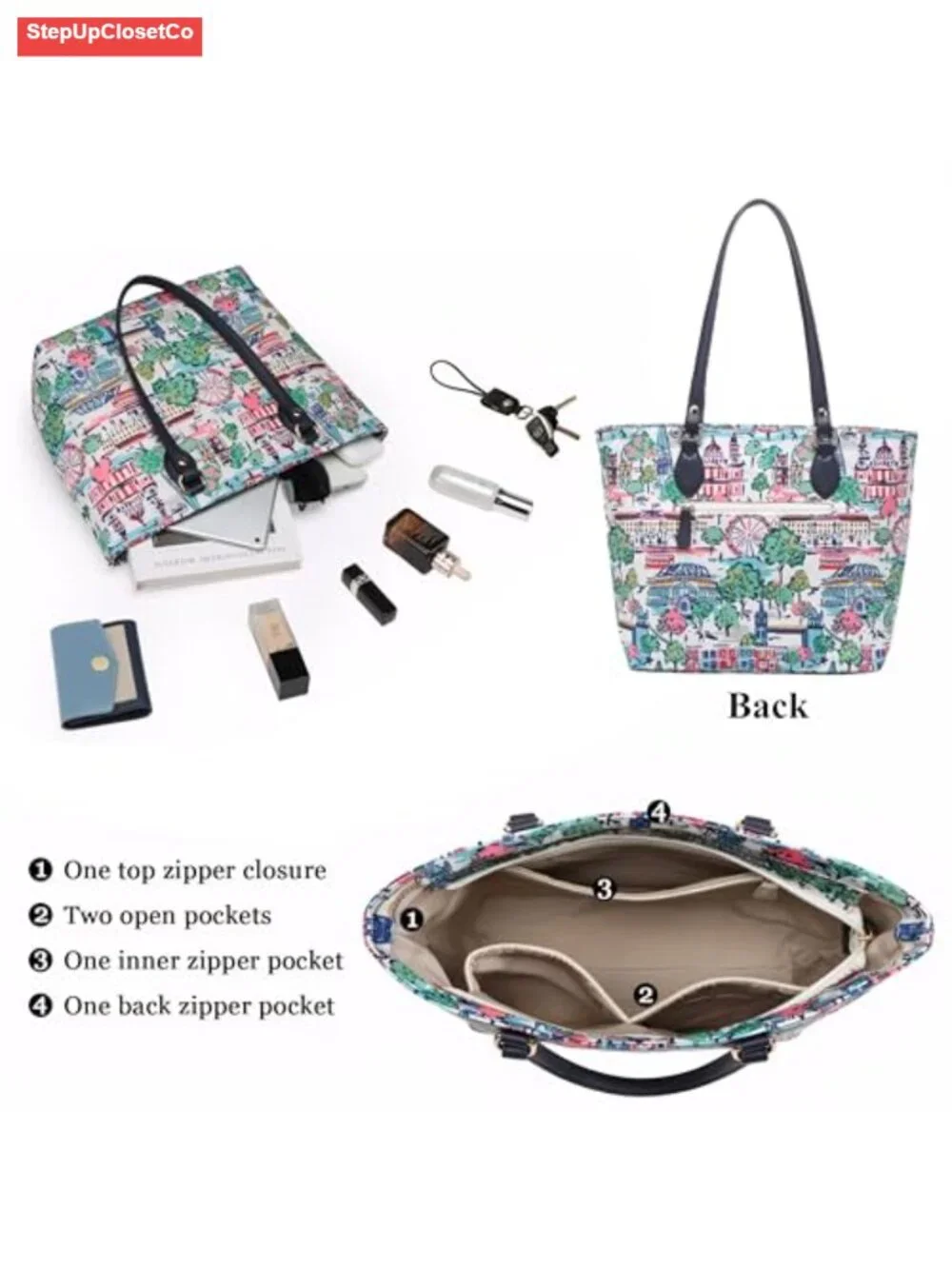 Waterproof Nylon Tote Bag with Zipper and Pockets for Women, Floral Purses